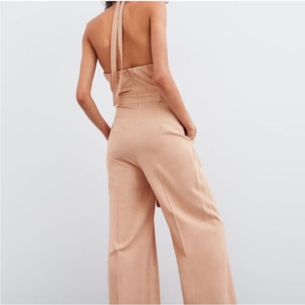 NWT Zara Mauve Viscose Linen Blend Wide Leg Sleeveless Halter Jumpsuit Pockets L - Picture 4 of 12